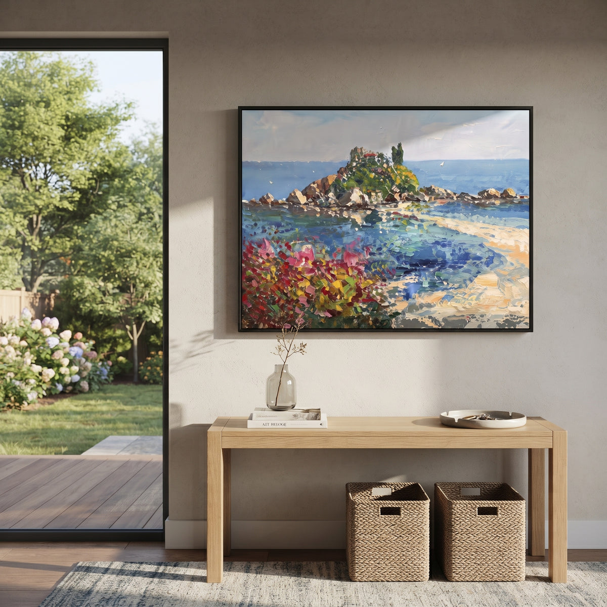 "Rocky Coast Village Study Painting" focuses on atmosphere, surface movement, and sculptural heavy impasto craftsmanship rather than a fixed literal storyline. The composition uses this hand-painted Mediterranean canvas features steep coastal cliffs, hillside village, deep blue water, floral foreground, textured sky, built with raised palette-knife texture, layered brushwork, and luminous coastal color as the visual anchor, while layered palette-knife paint, raised plaster-like texture, and