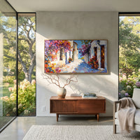 "Seaside Courtyard Painting" focuses on atmosphere, surface movement, and sculptural heavy impasto craftsmanship rather than a fixed literal storyline. The composition uses this hand-painted Mediterranean canvas features white stucco terrace, blue doors, potted blooms, open view toward the Mediterranean, built with raised palette-knife texture, layered brushwork, and luminous coastal color as the visual anchor, while layered palette-knife paint, raised plaster-like texture, and softened brush