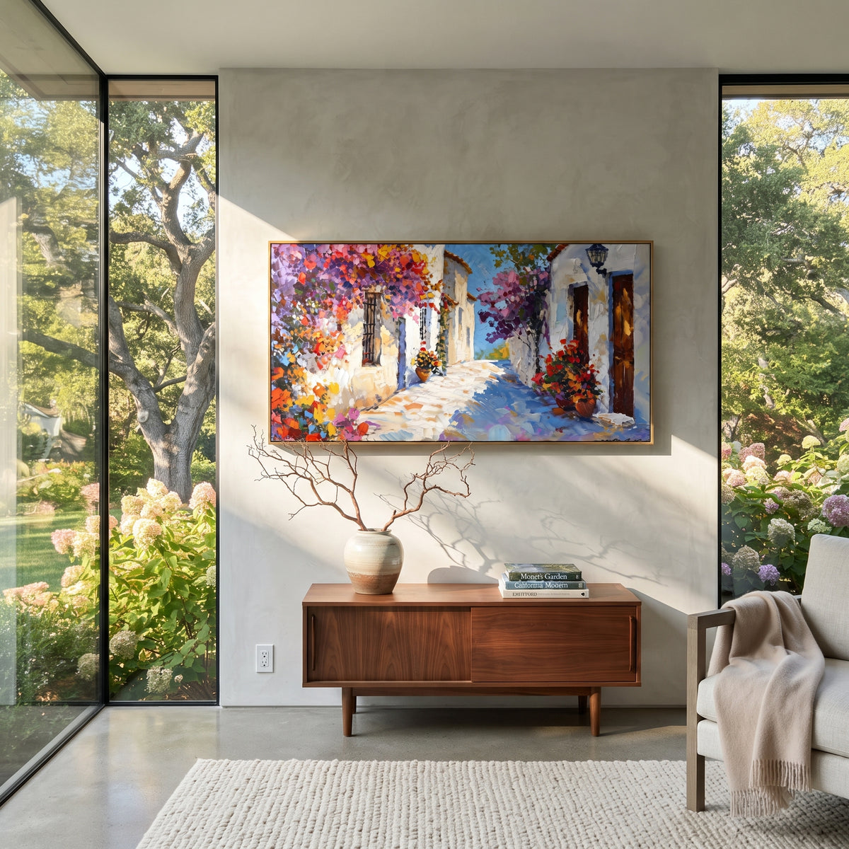 "Seaside Courtyard Painting" focuses on atmosphere, surface movement, and sculptural heavy impasto craftsmanship rather than a fixed literal storyline. The composition uses this hand-painted Mediterranean canvas features white stucco terrace, blue doors, potted blooms, open view toward the Mediterranean, built with raised palette-knife texture, layered brushwork, and luminous coastal color as the visual anchor, while layered palette-knife paint, raised plaster-like texture, and softened brush
