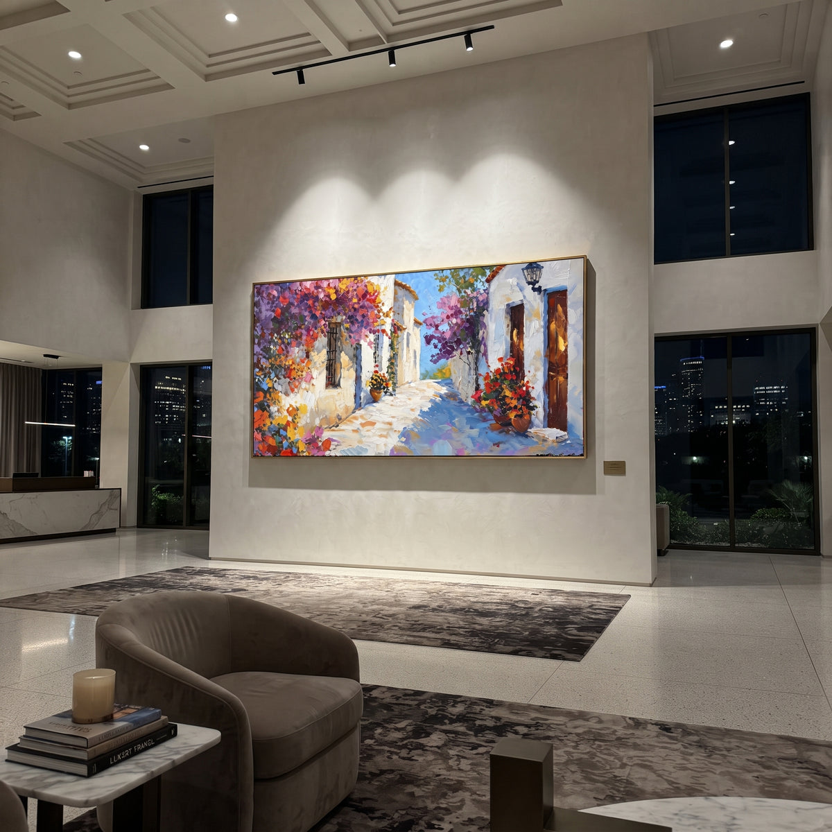 "Seaside Courtyard Painting" focuses on atmosphere, surface movement, and sculptural heavy impasto craftsmanship rather than a fixed literal storyline. The composition uses this hand-painted Mediterranean canvas features white stucco terrace, blue doors, potted blooms, open view toward the Mediterranean, built with raised palette-knife texture, layered brushwork, and luminous coastal color as the visual anchor, while layered palette-knife paint, raised plaster-like texture, and softened brush