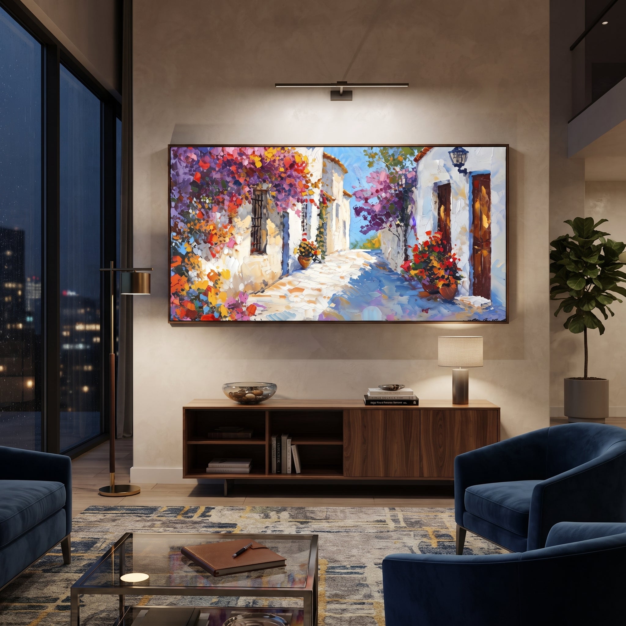 "Seaside Courtyard Painting" focuses on atmosphere, surface movement, and sculptural heavy impasto craftsmanship rather than a fixed literal storyline. The composition uses this hand-painted Mediterranean canvas features white stucco terrace, blue doors, potted blooms, open view toward the Mediterranean, built with raised palette-knife texture, layered brushwork, and luminous coastal color as the visual anchor, while layered palette-knife paint, raised plaster-like texture, and softened brush