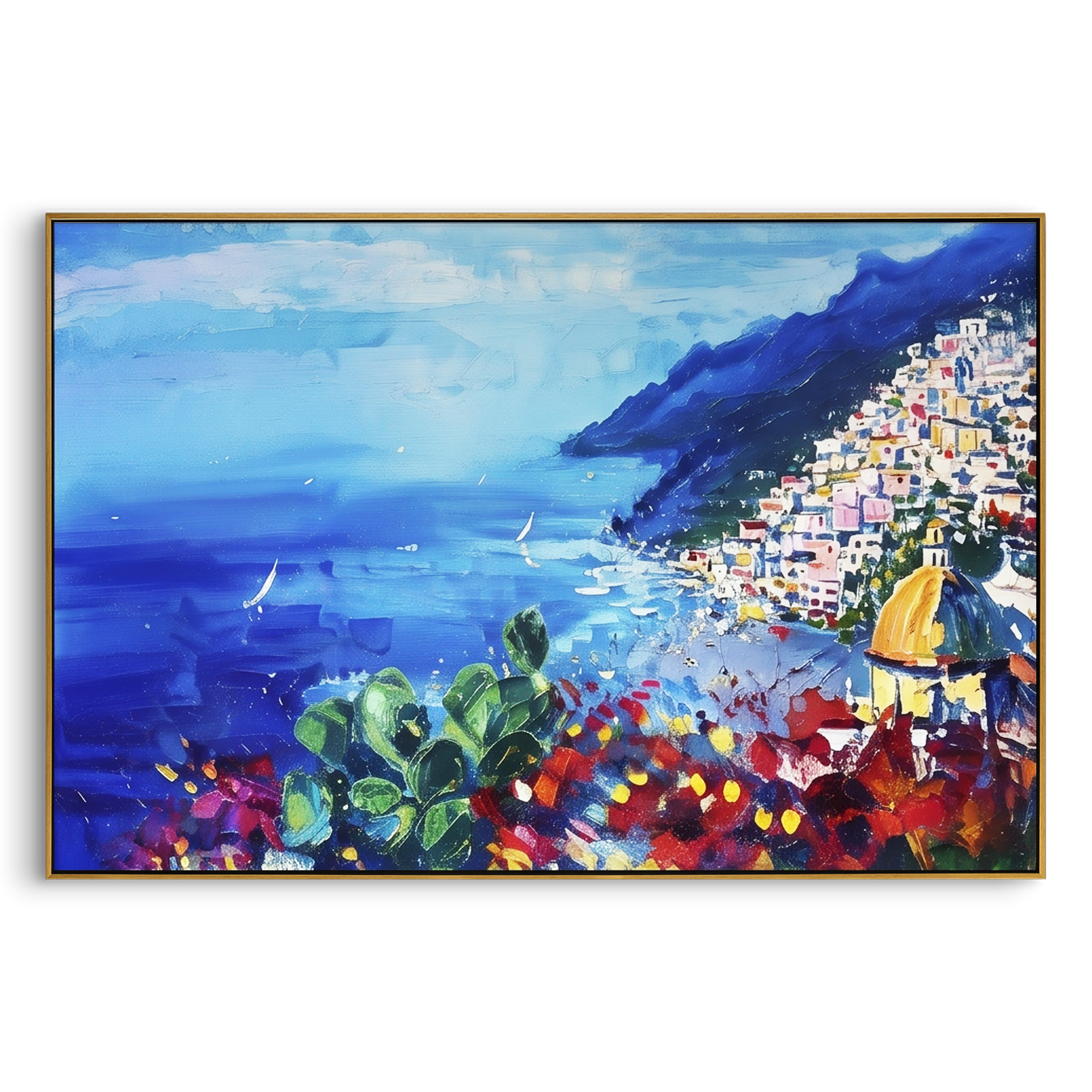"Cliffside Coastal Vista Coastal Painting" focuses on atmosphere, surface movement, and sculptural heavy impasto craftsmanship rather than a fixed literal storyline. The composition uses this hand-painted Mediterranean canvas features steep coastal cliffs, hillside village, deep blue water, floral foreground, textured sky, built with raised palette-knife texture, layered brushwork, and luminous coastal color as the visual anchor, while layered palette-knife paint, raised plaster-like texture