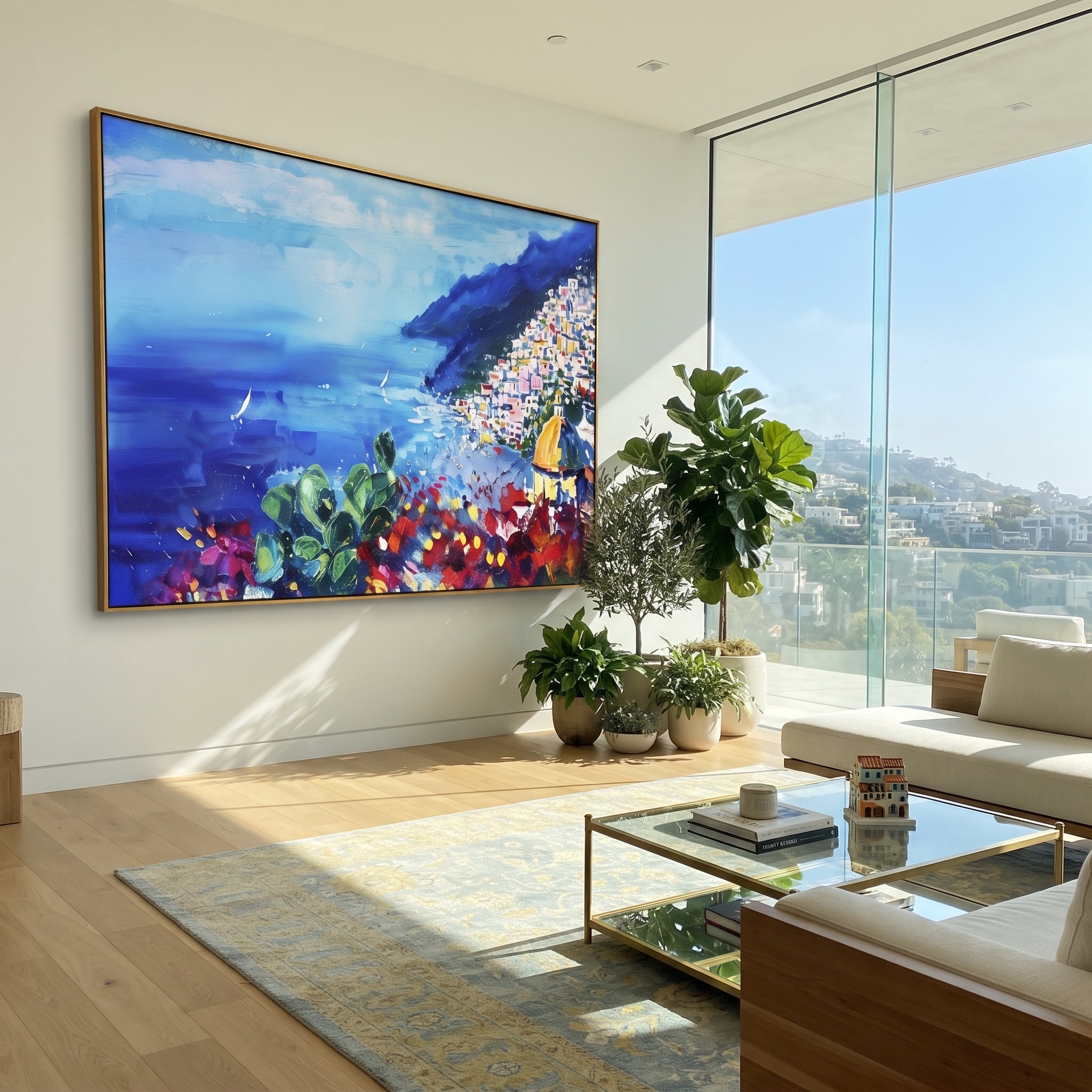 "Cliffside Coastal Vista Coastal Painting" focuses on atmosphere, surface movement, and sculptural heavy impasto craftsmanship rather than a fixed literal storyline. The composition uses this hand-painted Mediterranean canvas features steep coastal cliffs, hillside village, deep blue water, floral foreground, textured sky, built with raised palette-knife texture, layered brushwork, and luminous coastal color as the visual anchor, while layered palette-knife paint, raised plaster-like texture