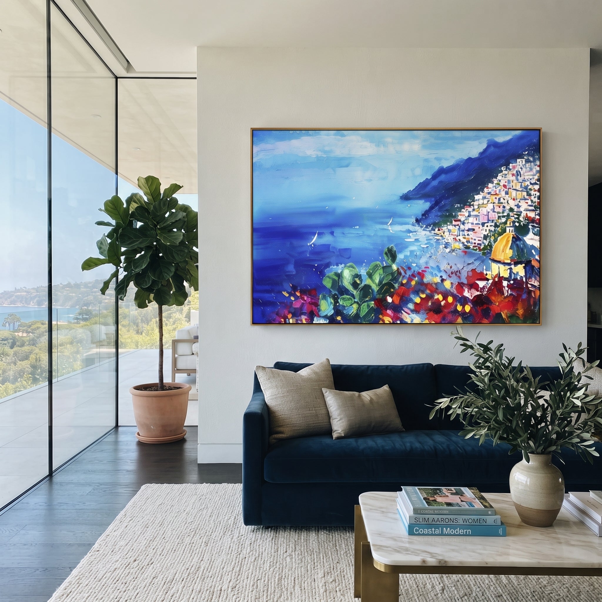 "Cliffside Coastal Vista Coastal Painting" focuses on atmosphere, surface movement, and sculptural heavy impasto craftsmanship rather than a fixed literal storyline. The composition uses this hand-painted Mediterranean canvas features steep coastal cliffs, hillside village, deep blue water, floral foreground, textured sky, built with raised palette-knife texture, layered brushwork, and luminous coastal color as the visual anchor, while layered palette-knife paint, raised plaster-like texture