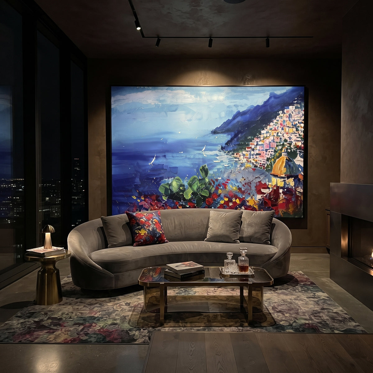"Cliffside Coastal Vista Coastal Painting" focuses on atmosphere, surface movement, and sculptural heavy impasto craftsmanship rather than a fixed literal storyline. The composition uses this hand-painted Mediterranean canvas features steep coastal cliffs, hillside village, deep blue water, floral foreground, textured sky, built with raised palette-knife texture, layered brushwork, and luminous coastal color as the visual anchor, while layered palette-knife paint, raised plaster-like texture