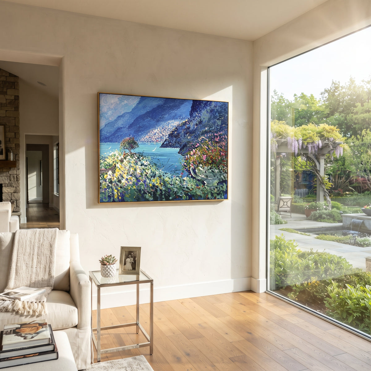 "Sailing Coast Garden Coastal with Cliff Flowers Painting" focuses on atmosphere, surface movement, and sculptural heavy impasto craftsmanship rather than a fixed literal storyline. The composition uses this hand-painted Mediterranean canvas features sailboats on a blue bay, flowering terrace, coastal town and luminous summer sky, built with raised palette-knife texture, layered brushwork, and luminous coastal color as the visual anchor, while layered palette-knife paint, raised plaster-like
