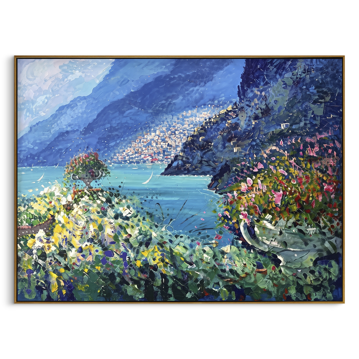 "Sailing Coast Garden Coastal with Cliff Flowers Painting" - Modern Heavy Impasto Coastal Landscape | Blue & Pink Palette Knife Painting | Luxury Horizontal Wall Art #PT 1668