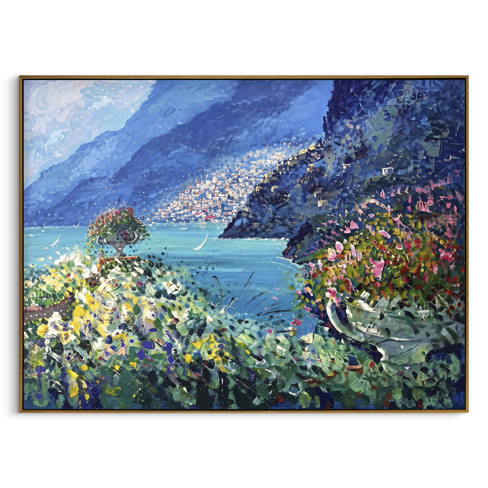 "Sailing Coast Garden Coastal with Cliff Flowers Painting" focuses on atmosphere, surface movement, and sculptural heavy impasto craftsmanship rather than a fixed literal storyline. The composition uses this hand-painted Mediterranean canvas features sailboats on a blue bay, flowering terrace, coastal town and luminous summer sky, built with raised palette-knife texture, layered brushwork, and luminous coastal color as the visual anchor, while layered palette-knife paint, raised plaster-like