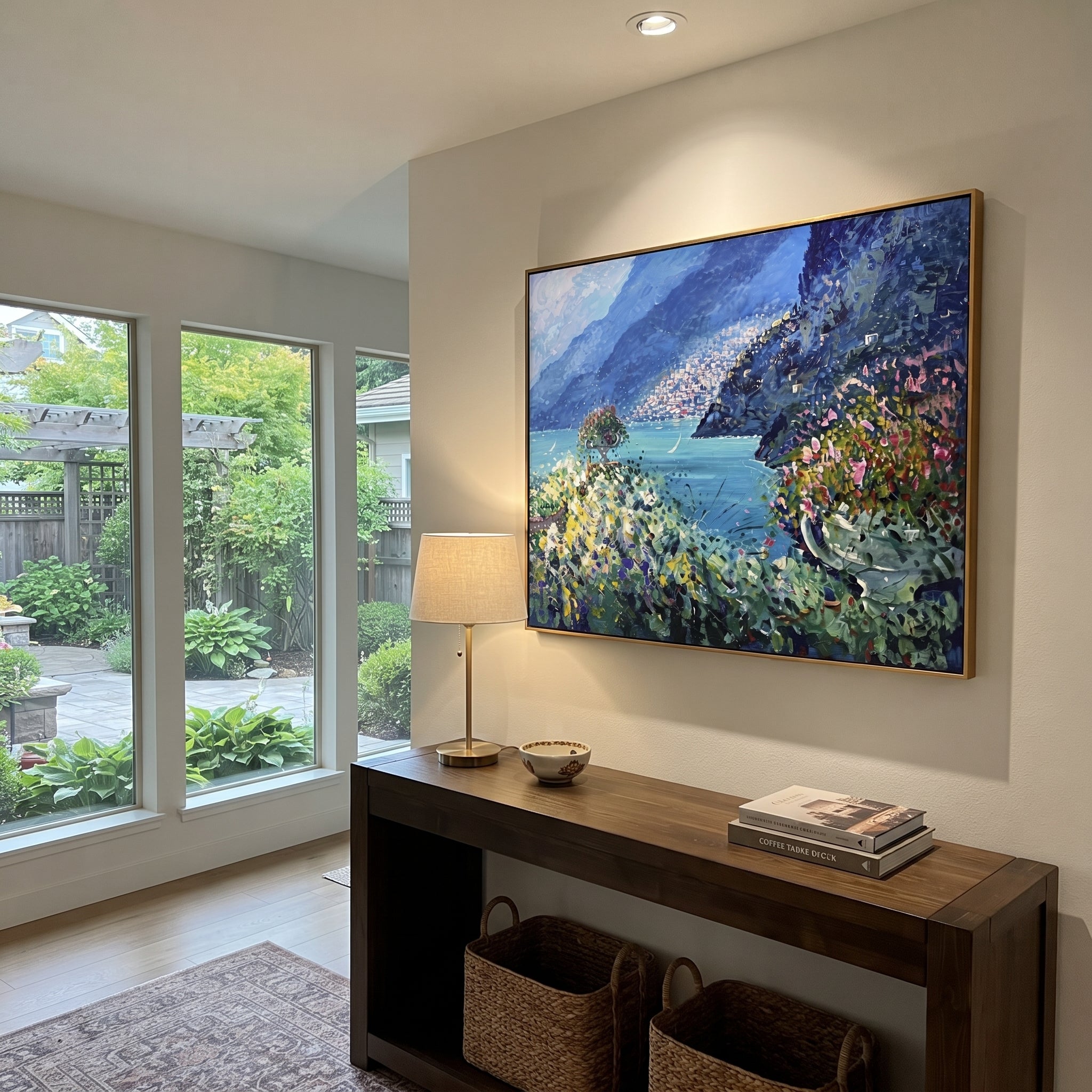 "Sailing Coast Garden Coastal with Cliff Flowers Painting" focuses on atmosphere, surface movement, and sculptural heavy impasto craftsmanship rather than a fixed literal storyline. The composition uses this hand-painted Mediterranean canvas features sailboats on a blue bay, flowering terrace, coastal town and luminous summer sky, built with raised palette-knife texture, layered brushwork, and luminous coastal color as the visual anchor, while layered palette-knife paint, raised plaster-like