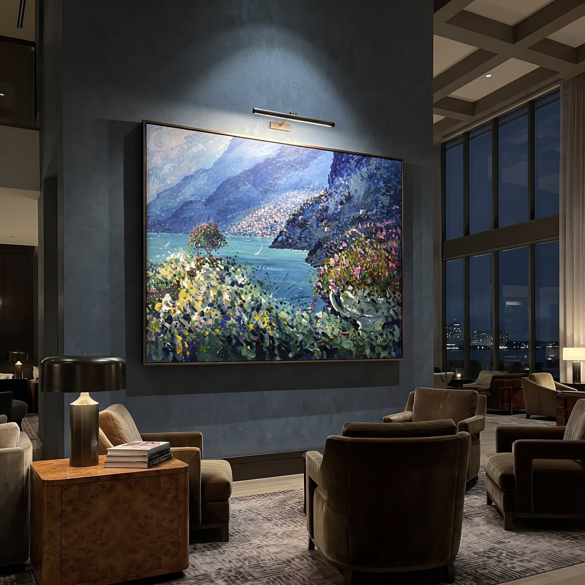 "Sailing Coast Garden Coastal with Cliff Flowers Painting" focuses on atmosphere, surface movement, and sculptural heavy impasto craftsmanship rather than a fixed literal storyline. The composition uses this hand-painted Mediterranean canvas features sailboats on a blue bay, flowering terrace, coastal town and luminous summer sky, built with raised palette-knife texture, layered brushwork, and luminous coastal color as the visual anchor, while layered palette-knife paint, raised plaster-like