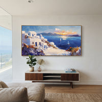 "Warm Coastal Sunset Painting" focuses on atmosphere, surface movement, and sculptural heavy impasto craftsmanship rather than a fixed literal storyline. The composition uses this hand-painted Mediterranean canvas features warm sunset over the coast, stone steps, boats, cliff village and orange light, built with raised palette-knife texture, layered brushwork, and luminous coastal color as the visual anchor, while layered palette-knife paint, raised plaster-like texture, and softened brush