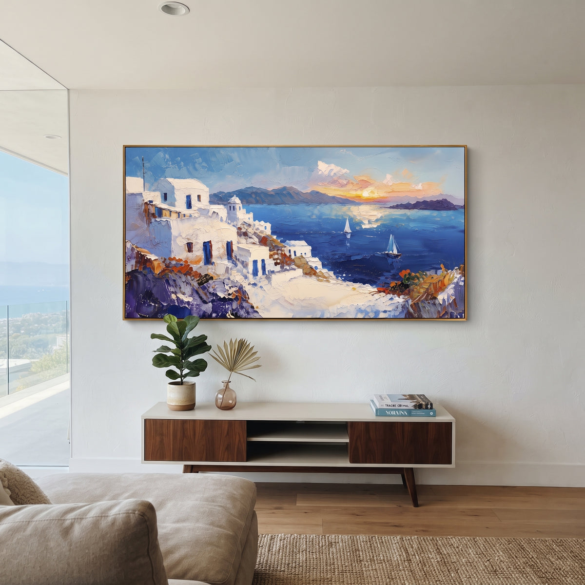 "Warm Coastal Sunset Painting" focuses on atmosphere, surface movement, and sculptural heavy impasto craftsmanship rather than a fixed literal storyline. The composition uses this hand-painted Mediterranean canvas features warm sunset over the coast, stone steps, boats, cliff village and orange light, built with raised palette-knife texture, layered brushwork, and luminous coastal color as the visual anchor, while layered palette-knife paint, raised plaster-like texture, and softened brush