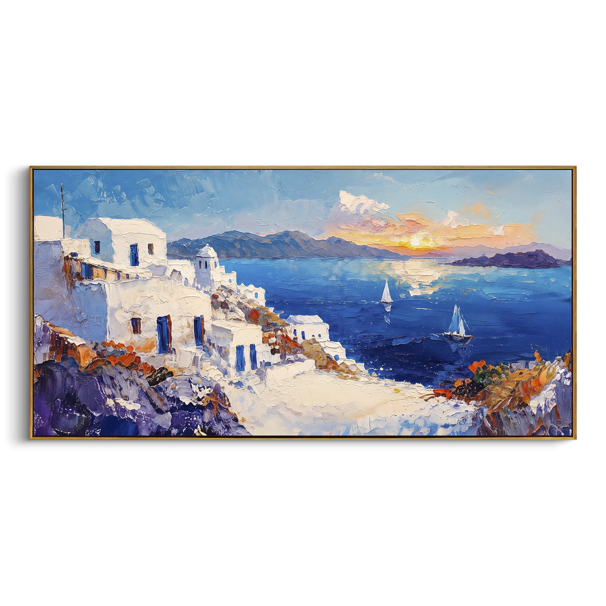 "Warm Coastal Sunset Painting" - Modern Heavy Impasto Coastal Landscape | Orange & Blue Palette Knife Painting | Luxury Horizontal Wall Art #PT 1669