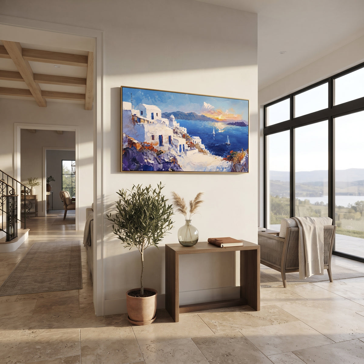 "Warm Coastal Sunset Painting" focuses on atmosphere, surface movement, and sculptural heavy impasto craftsmanship rather than a fixed literal storyline. The composition uses this hand-painted Mediterranean canvas features warm sunset over the coast, stone steps, boats, cliff village and orange light, built with raised palette-knife texture, layered brushwork, and luminous coastal color as the visual anchor, while layered palette-knife paint, raised plaster-like texture, and softened brush