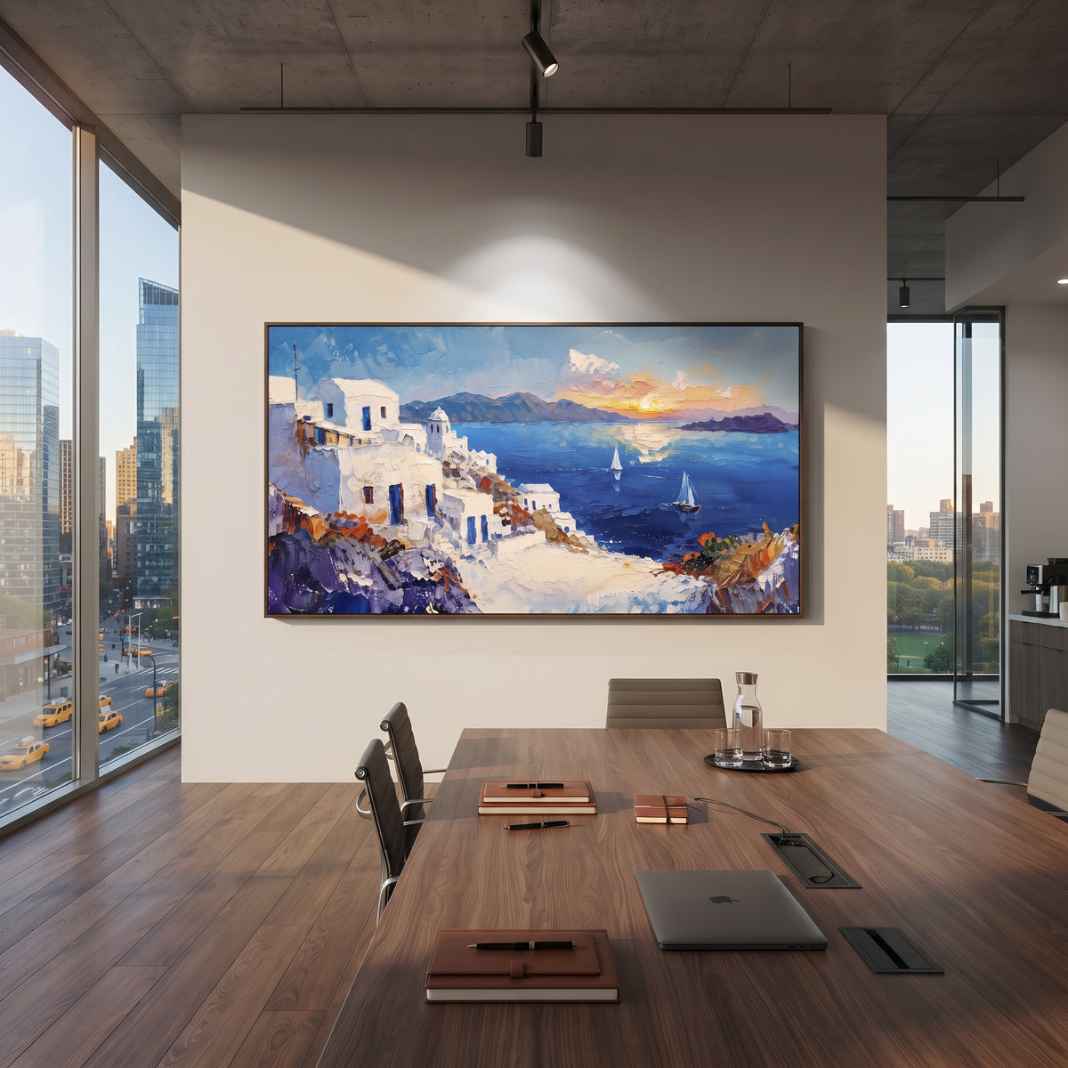 "Warm Coastal Sunset Painting" focuses on atmosphere, surface movement, and sculptural heavy impasto craftsmanship rather than a fixed literal storyline. The composition uses this hand-painted Mediterranean canvas features warm sunset over the coast, stone steps, boats, cliff village and orange light, built with raised palette-knife texture, layered brushwork, and luminous coastal color as the visual anchor, while layered palette-knife paint, raised plaster-like texture, and softened brush