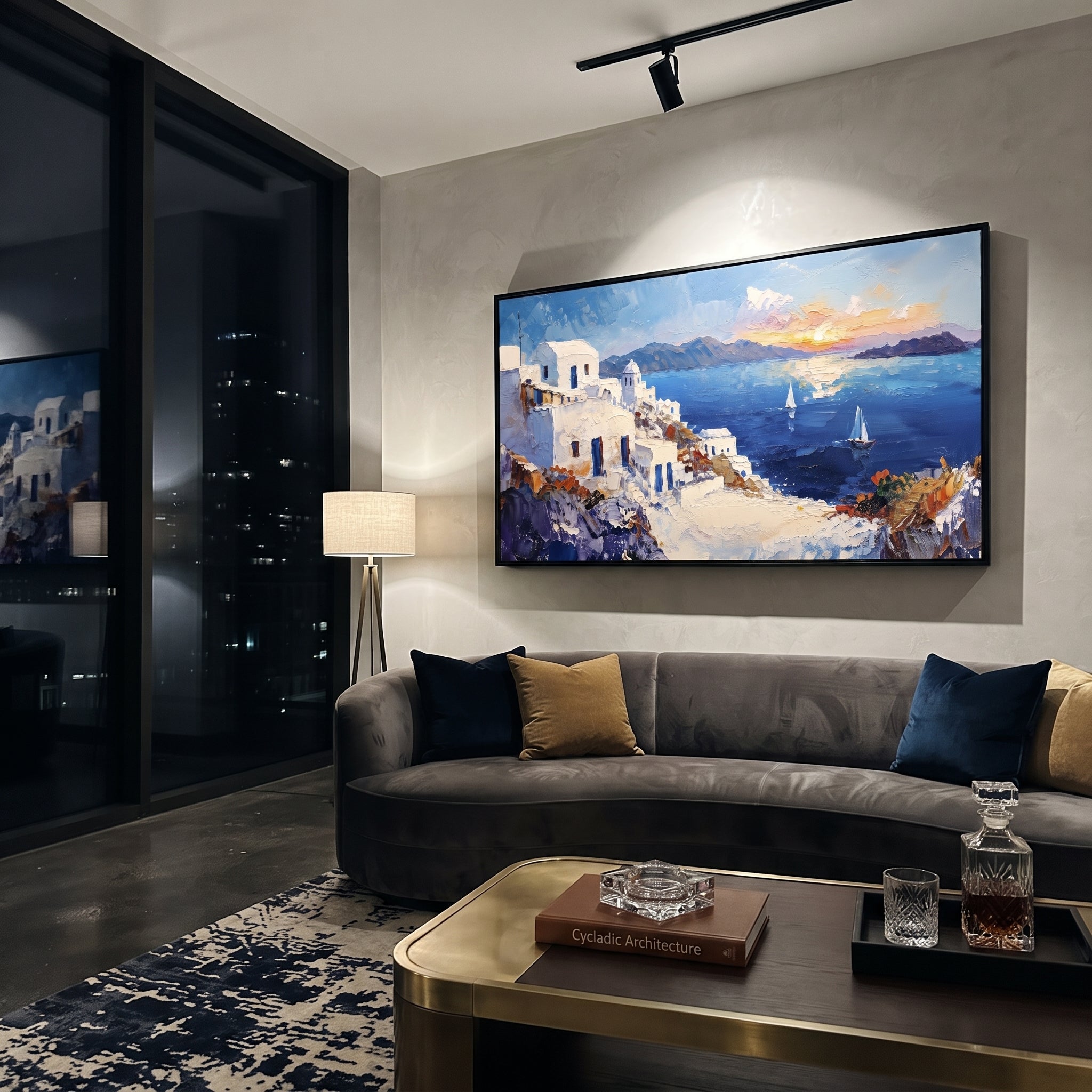 "Warm Coastal Sunset Painting" focuses on atmosphere, surface movement, and sculptural heavy impasto craftsmanship rather than a fixed literal storyline. The composition uses this hand-painted Mediterranean canvas features warm sunset over the coast, stone steps, boats, cliff village and orange light, built with raised palette-knife texture, layered brushwork, and luminous coastal color as the visual anchor, while layered palette-knife paint, raised plaster-like texture, and softened brush