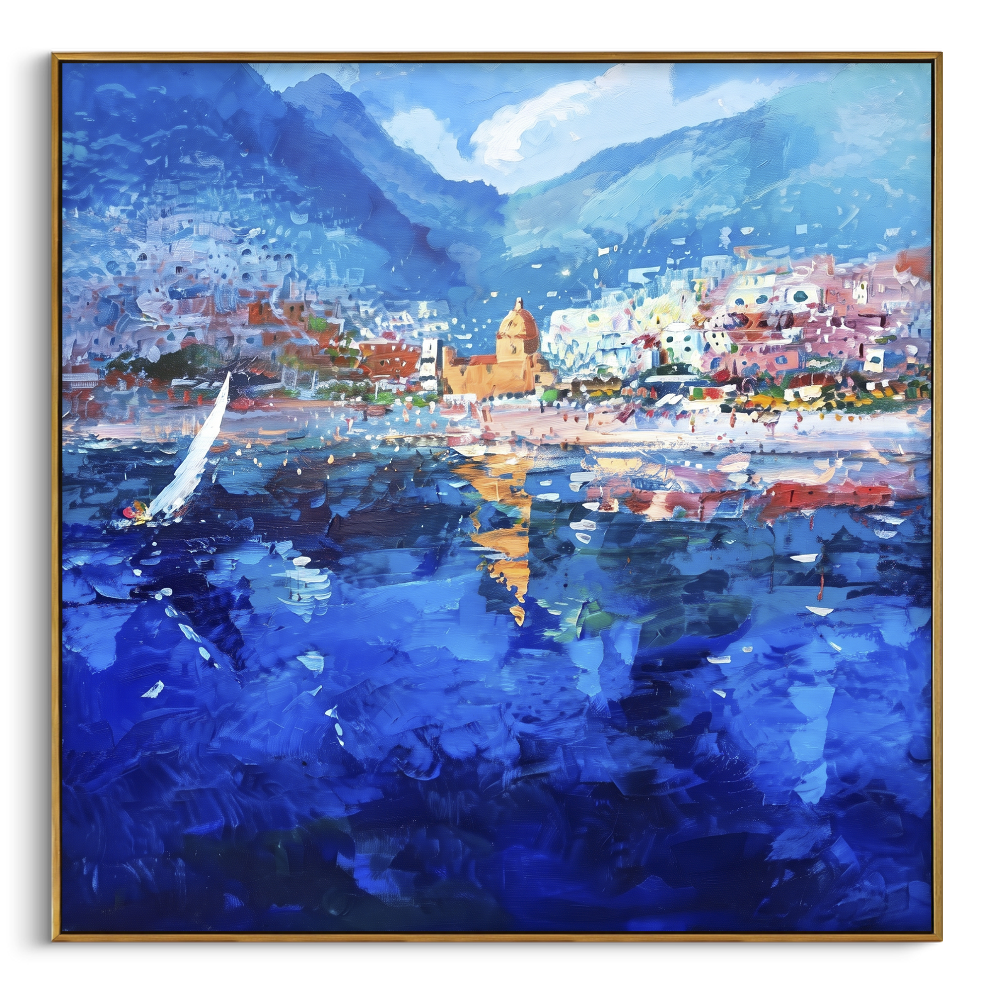 "Harbor Village Reflections Coastal with Terracotta Roofs Painting" focuses on atmosphere, surface movement, and sculptural heavy impasto craftsmanship rather than a fixed literal storyline. The composition uses this hand-painted Mediterranean canvas features colorful waterfront houses, moored boats, shimmering blue harbor reflections, pastel sky, built with raised palette-knife texture, layered brushwork, and luminous coastal color as the visual anchor, while layered palette-knife paint, raised