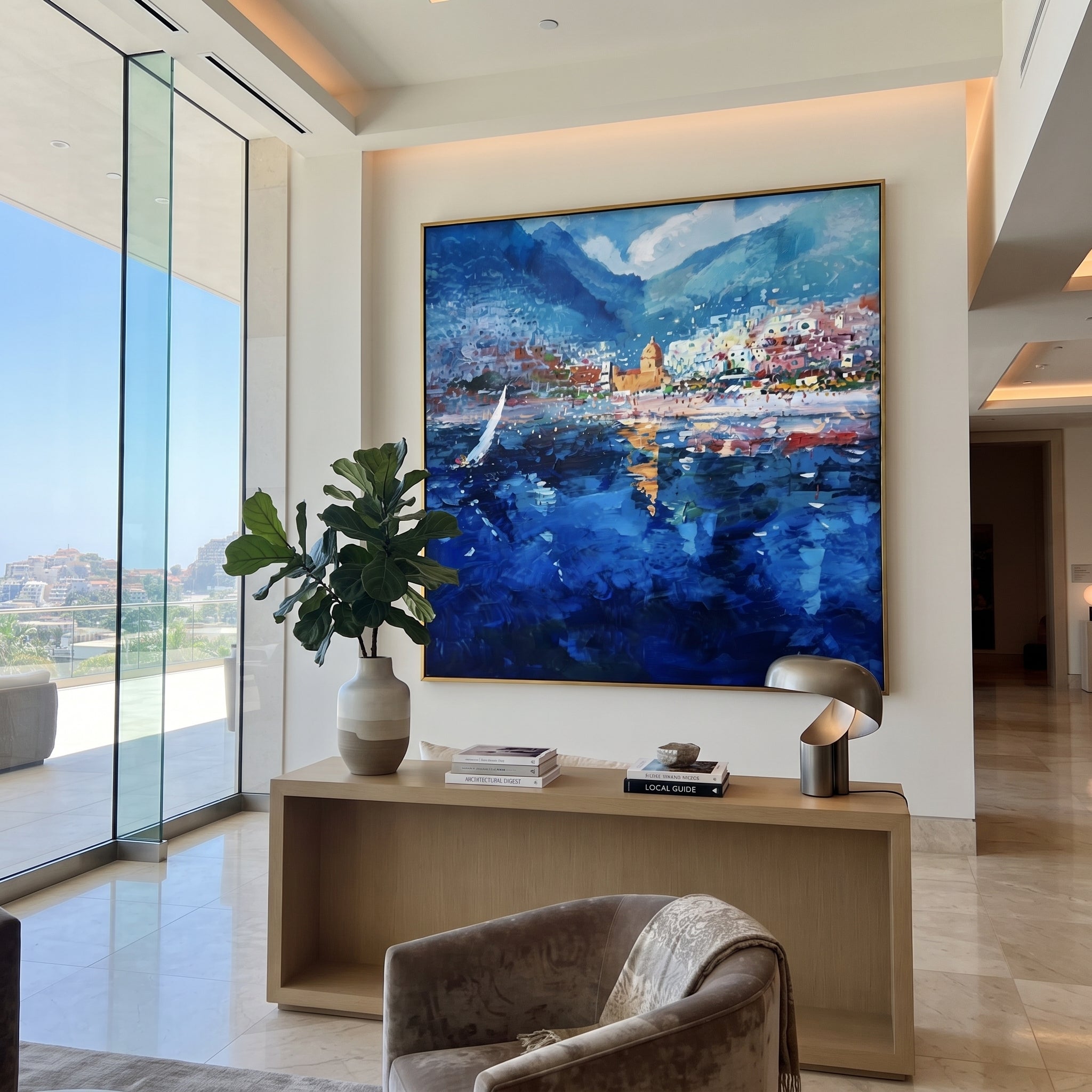 "Harbor Village Reflections Coastal with Terracotta Roofs Painting" focuses on atmosphere, surface movement, and sculptural heavy impasto craftsmanship rather than a fixed literal storyline. The composition uses this hand-painted Mediterranean canvas features colorful waterfront houses, moored boats, shimmering blue harbor reflections, pastel sky, built with raised palette-knife texture, layered brushwork, and luminous coastal color as the visual anchor, while layered palette-knife paint, raised