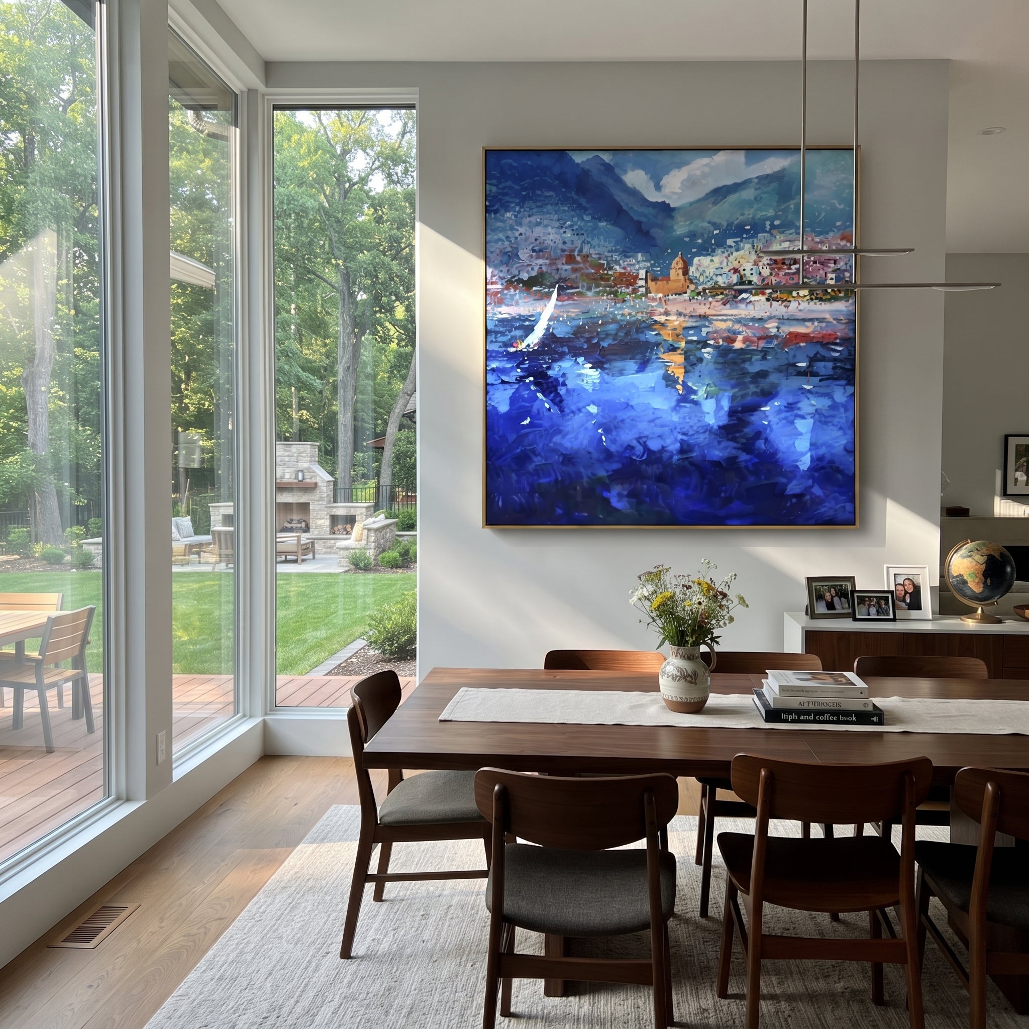 "Harbor Village Reflections Coastal with Terracotta Roofs Painting" focuses on atmosphere, surface movement, and sculptural heavy impasto craftsmanship rather than a fixed literal storyline. The composition uses this hand-painted Mediterranean canvas features colorful waterfront houses, moored boats, shimmering blue harbor reflections, pastel sky, built with raised palette-knife texture, layered brushwork, and luminous coastal color as the visual anchor, while layered palette-knife paint, raised