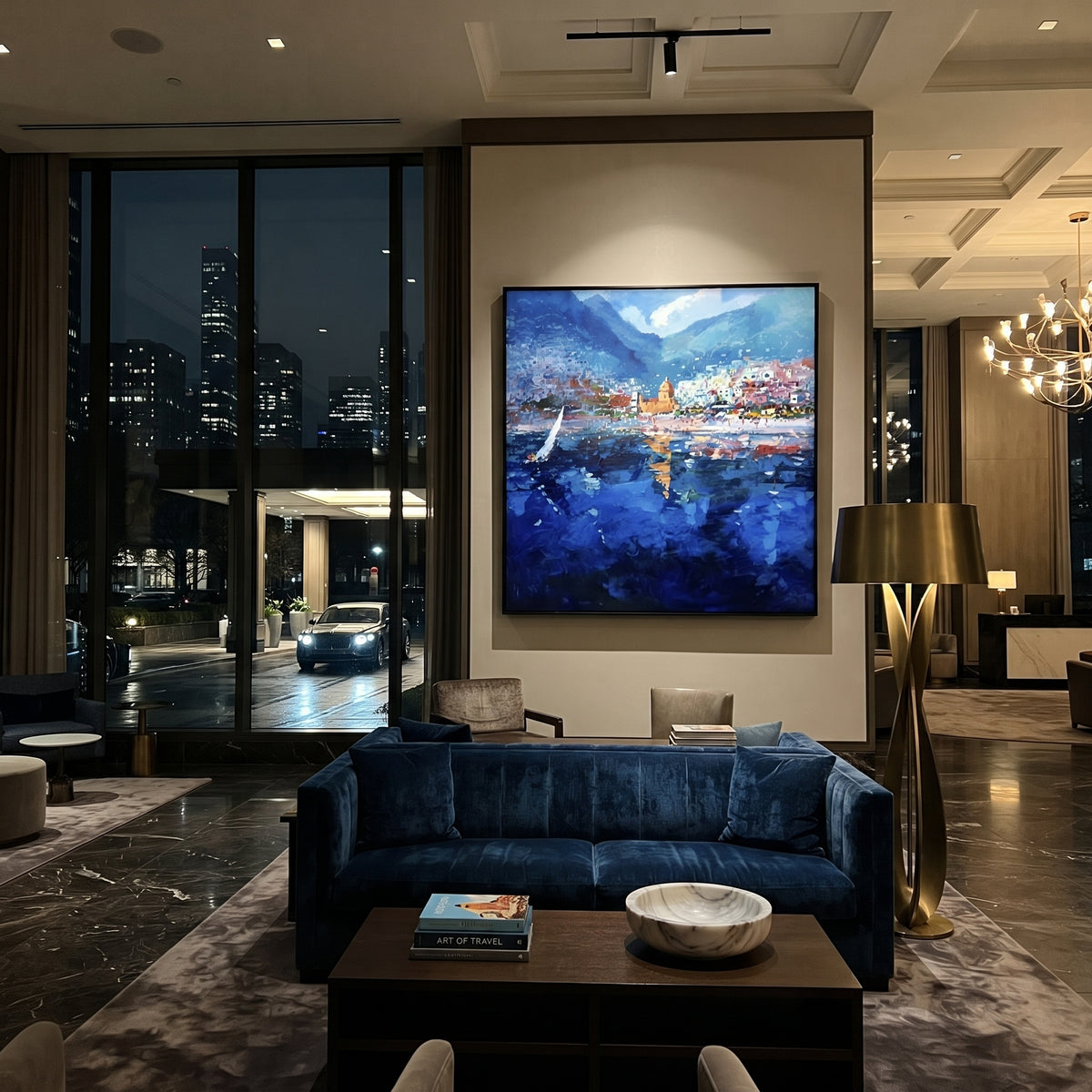 "Harbor Village Reflections Coastal with Terracotta Roofs Painting" focuses on atmosphere, surface movement, and sculptural heavy impasto craftsmanship rather than a fixed literal storyline. The composition uses this hand-painted Mediterranean canvas features colorful waterfront houses, moored boats, shimmering blue harbor reflections, pastel sky, built with raised palette-knife texture, layered brushwork, and luminous coastal color as the visual anchor, while layered palette-knife paint, raised
