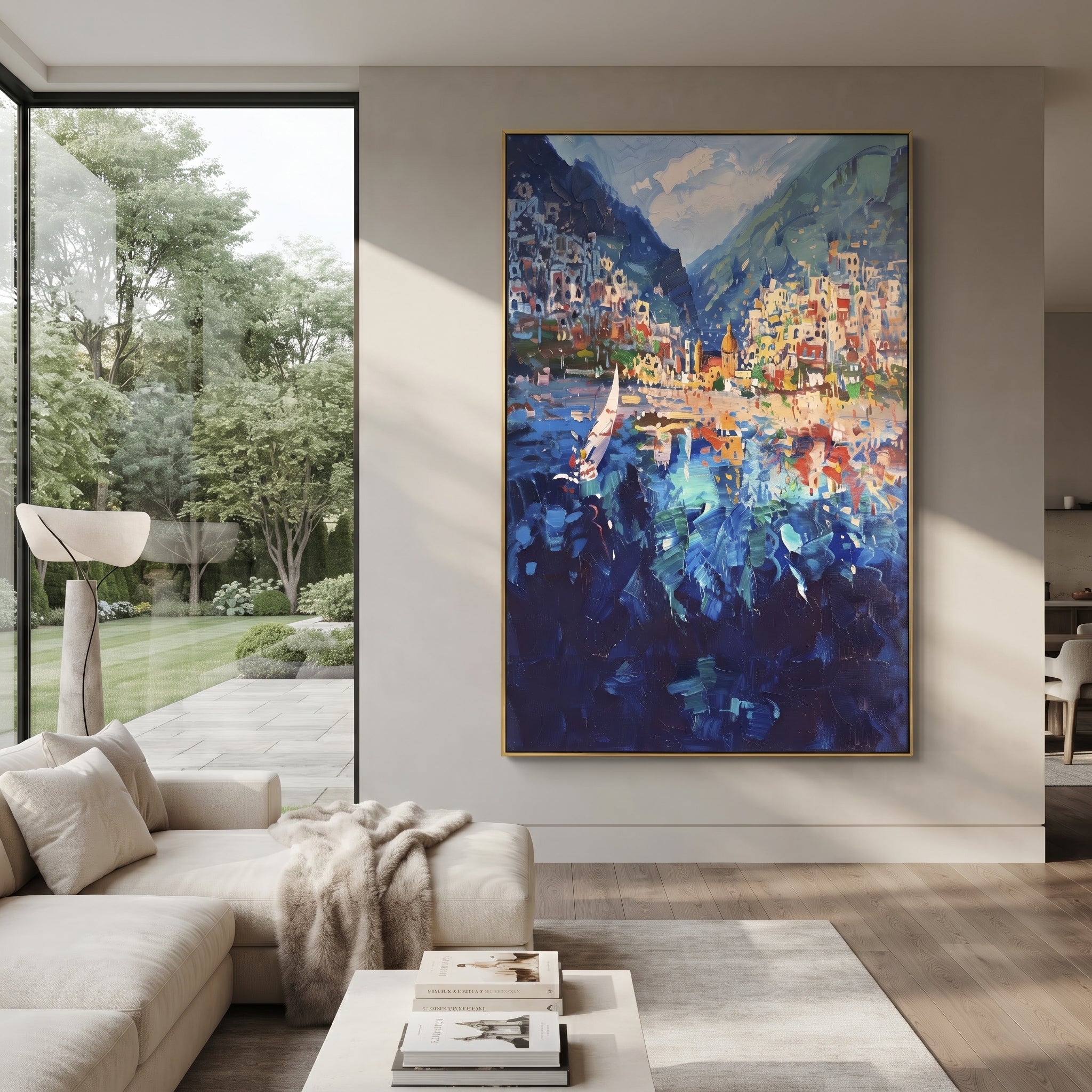 "Garden Alley Sea View Painting" focuses on atmosphere, surface movement, and sculptural heavy impasto craftsmanship rather than a fixed literal storyline. The composition uses this hand-painted Mediterranean canvas features whitewashed stone lane, cascading pink bougainvillea, blue sea opening, sunlit village walls, built with raised palette-knife texture, layered brushwork, and luminous coastal color as the visual anchor, while layered palette-knife paint, raised plaster-like texture, and