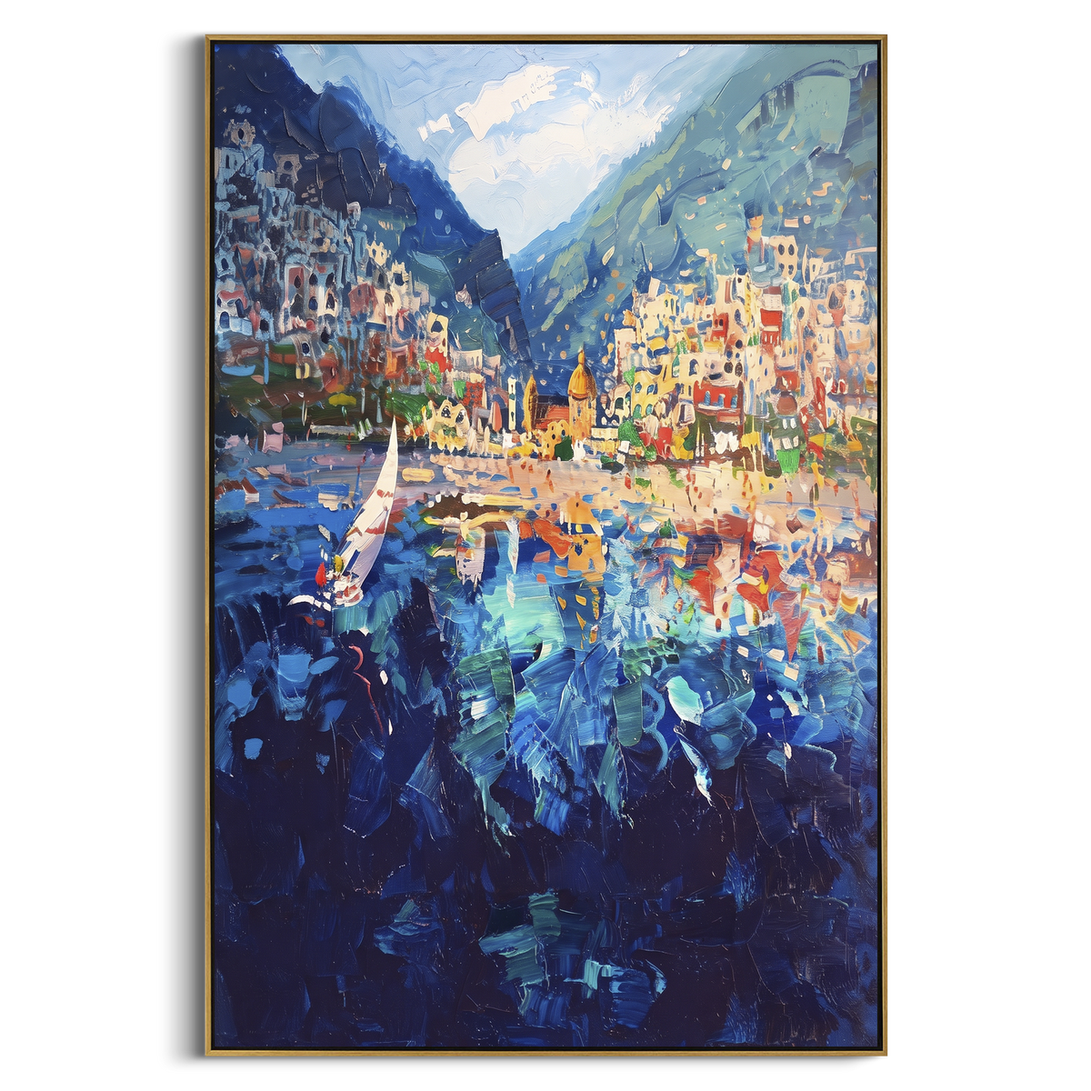 "Garden Alley Sea View Painting" - Modern Heavy Impasto Coastal Landscape | White & Blue Palette Knife Painting | Luxury Vertical Wall Art #PT 1671