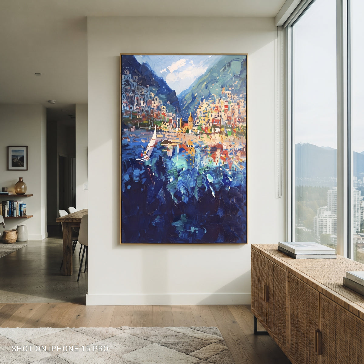 "Garden Alley Sea View Painting" focuses on atmosphere, surface movement, and sculptural heavy impasto craftsmanship rather than a fixed literal storyline. The composition uses this hand-painted Mediterranean canvas features whitewashed stone lane, cascading pink bougainvillea, blue sea opening, sunlit village walls, built with raised palette-knife texture, layered brushwork, and luminous coastal color as the visual anchor, while layered palette-knife paint, raised plaster-like texture, and
