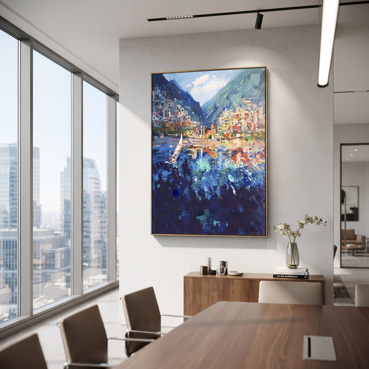 "Garden Alley Sea View Painting" focuses on atmosphere, surface movement, and sculptural heavy impasto craftsmanship rather than a fixed literal storyline. The composition uses this hand-painted Mediterranean canvas features whitewashed stone lane, cascading pink bougainvillea, blue sea opening, sunlit village walls, built with raised palette-knife texture, layered brushwork, and luminous coastal color as the visual anchor, while layered palette-knife paint, raised plaster-like texture, and