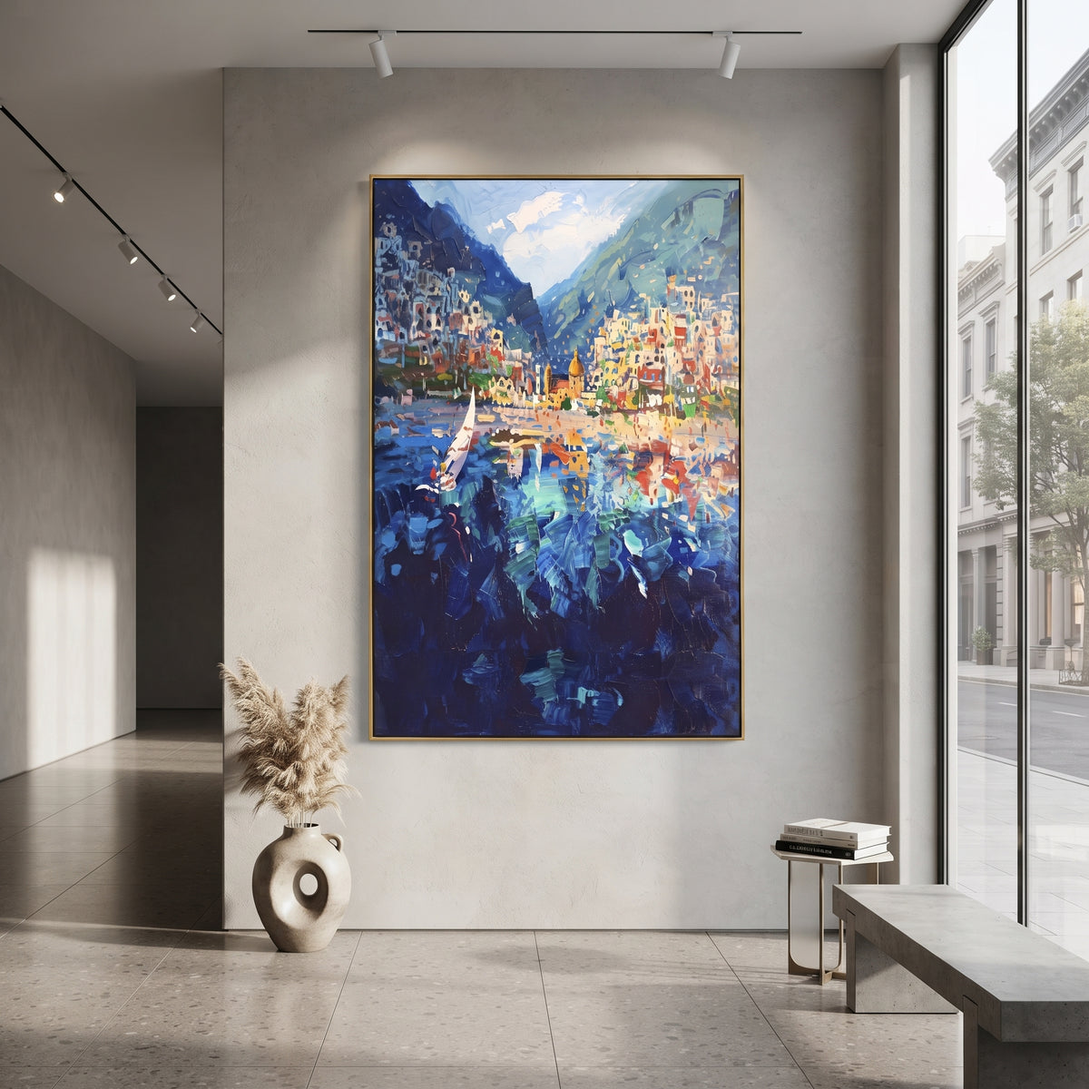 "Garden Alley Sea View Painting" focuses on atmosphere, surface movement, and sculptural heavy impasto craftsmanship rather than a fixed literal storyline. The composition uses this hand-painted Mediterranean canvas features whitewashed stone lane, cascading pink bougainvillea, blue sea opening, sunlit village walls, built with raised palette-knife texture, layered brushwork, and luminous coastal color as the visual anchor, while layered palette-knife paint, raised plaster-like texture, and