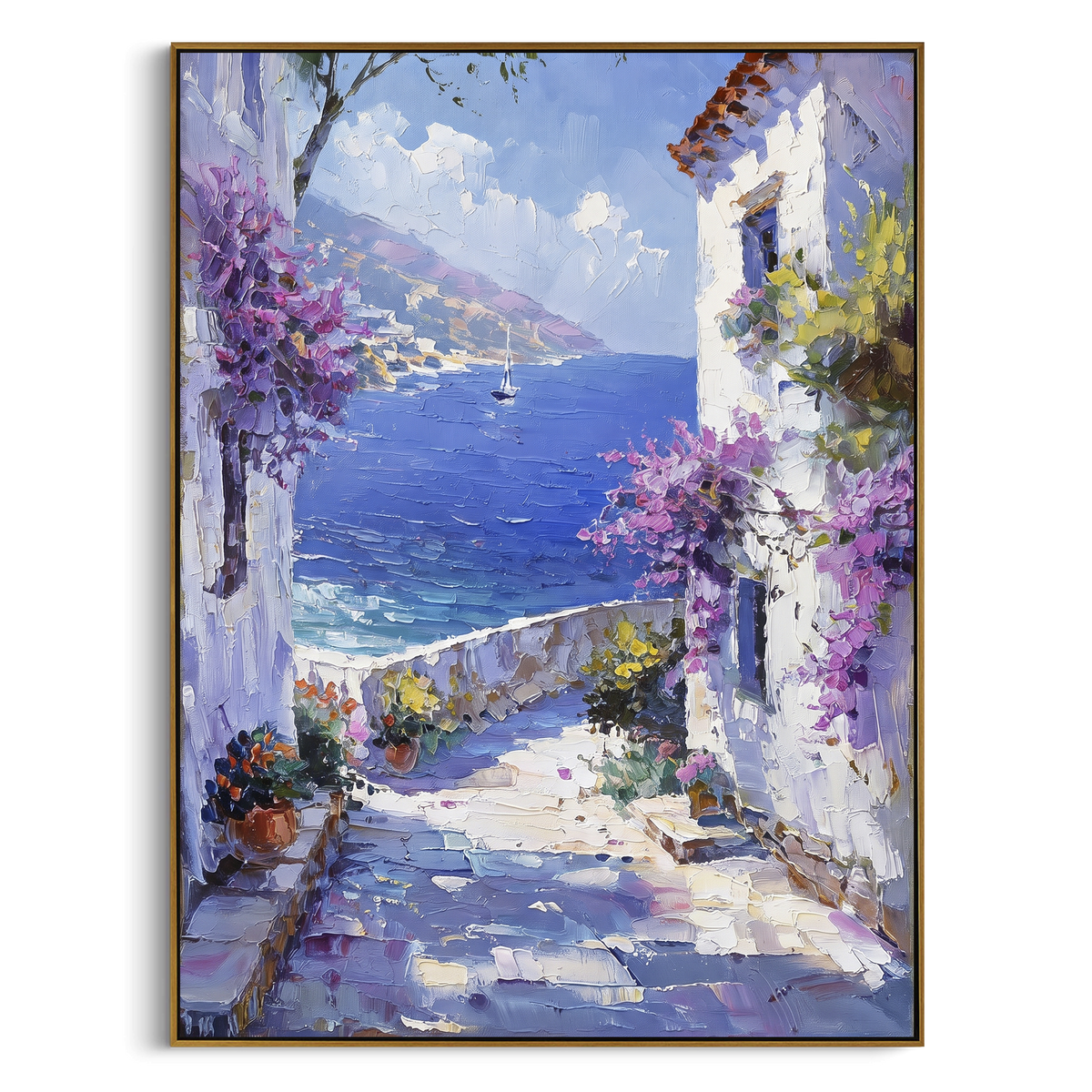 "Whitewashed Bloom Lane Painting" focuses on atmosphere, surface movement, and sculptural heavy impasto craftsmanship rather than a fixed literal storyline. The composition uses this hand-painted Mediterranean canvas features whitewashed stone lane, cascading pink bougainvillea, blue sea opening, sunlit village walls, built with raised palette-knife texture, layered brushwork, and luminous coastal color as the visual anchor, while layered palette-knife paint, raised plaster-like texture, and