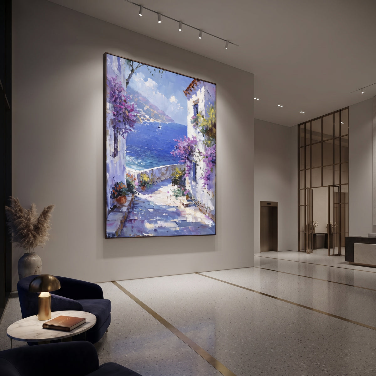 "Whitewashed Bloom Lane Painting" focuses on atmosphere, surface movement, and sculptural heavy impasto craftsmanship rather than a fixed literal storyline. The composition uses this hand-painted Mediterranean canvas features whitewashed stone lane, cascading pink bougainvillea, blue sea opening, sunlit village walls, built with raised palette-knife texture, layered brushwork, and luminous coastal color as the visual anchor, while layered palette-knife paint, raised plaster-like texture, and