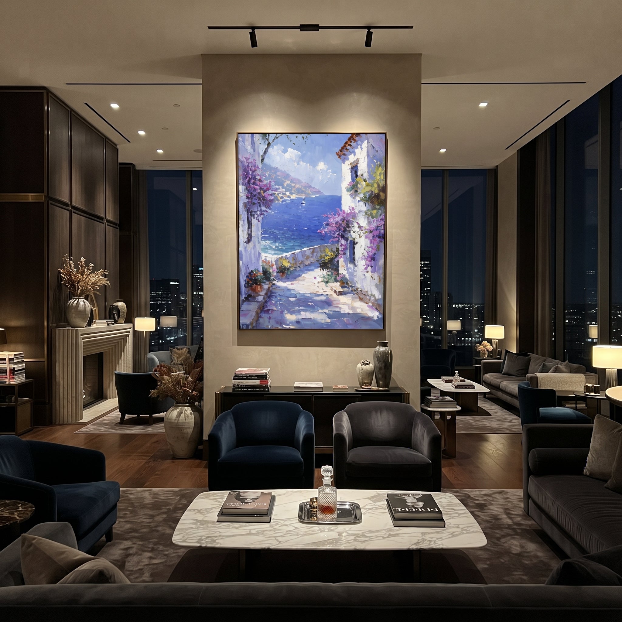 "Whitewashed Bloom Lane Painting" focuses on atmosphere, surface movement, and sculptural heavy impasto craftsmanship rather than a fixed literal storyline. The composition uses this hand-painted Mediterranean canvas features whitewashed stone lane, cascading pink bougainvillea, blue sea opening, sunlit village walls, built with raised palette-knife texture, layered brushwork, and luminous coastal color as the visual anchor, while layered palette-knife paint, raised plaster-like texture, and
