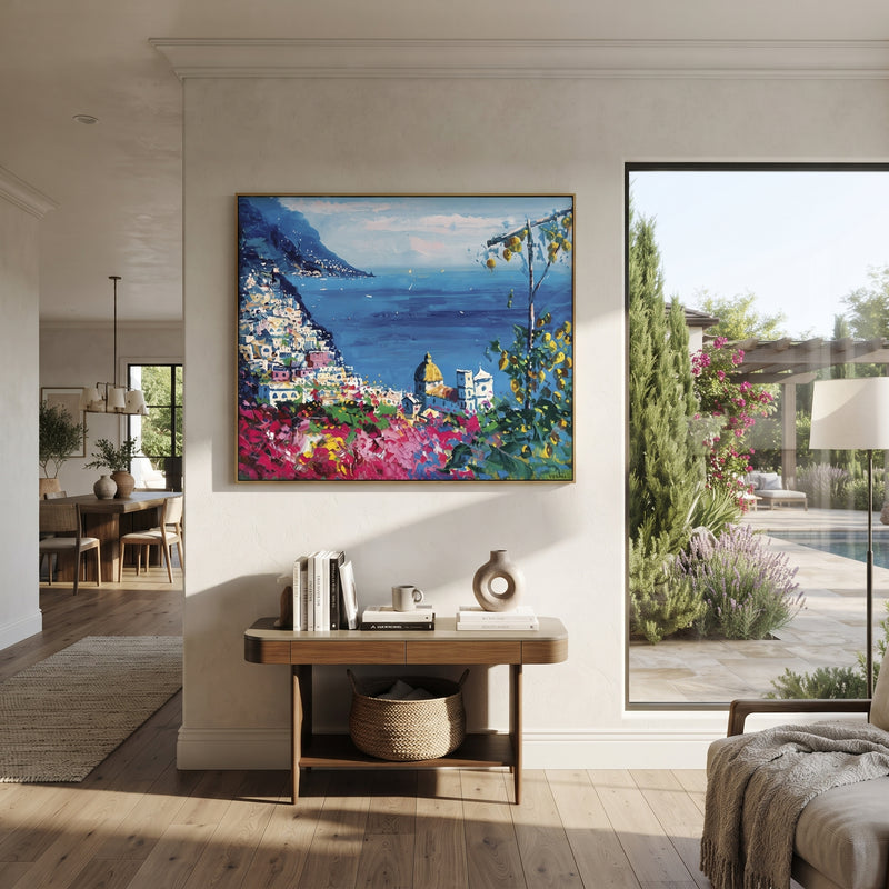 "Cliffside Coastal Vista Coastal with Sailboats Painting" - Modern Heavy Impasto Coastal Landscape | Blue & Green Palette Knife Painting | Luxury Horizontal Wall Art #PT 1673
