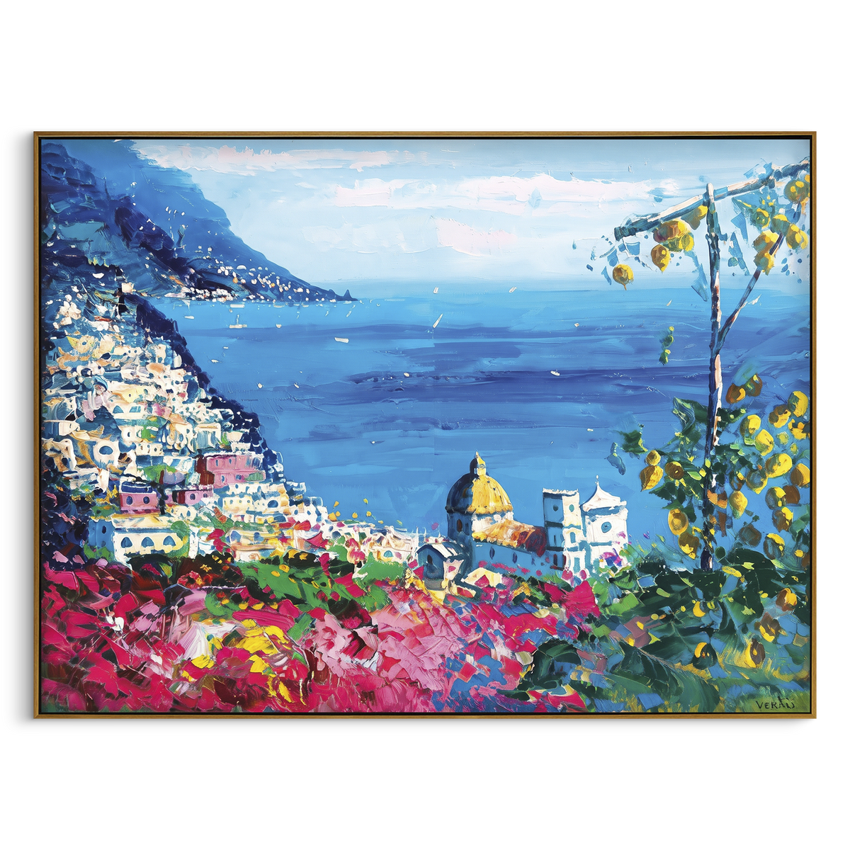 "Cliffside Coastal Vista Coastal with Sailboats Painting" - Modern Heavy Impasto Coastal Landscape | Blue & Green Palette Knife Painting | Luxury Horizontal Wall Art #PT 1673