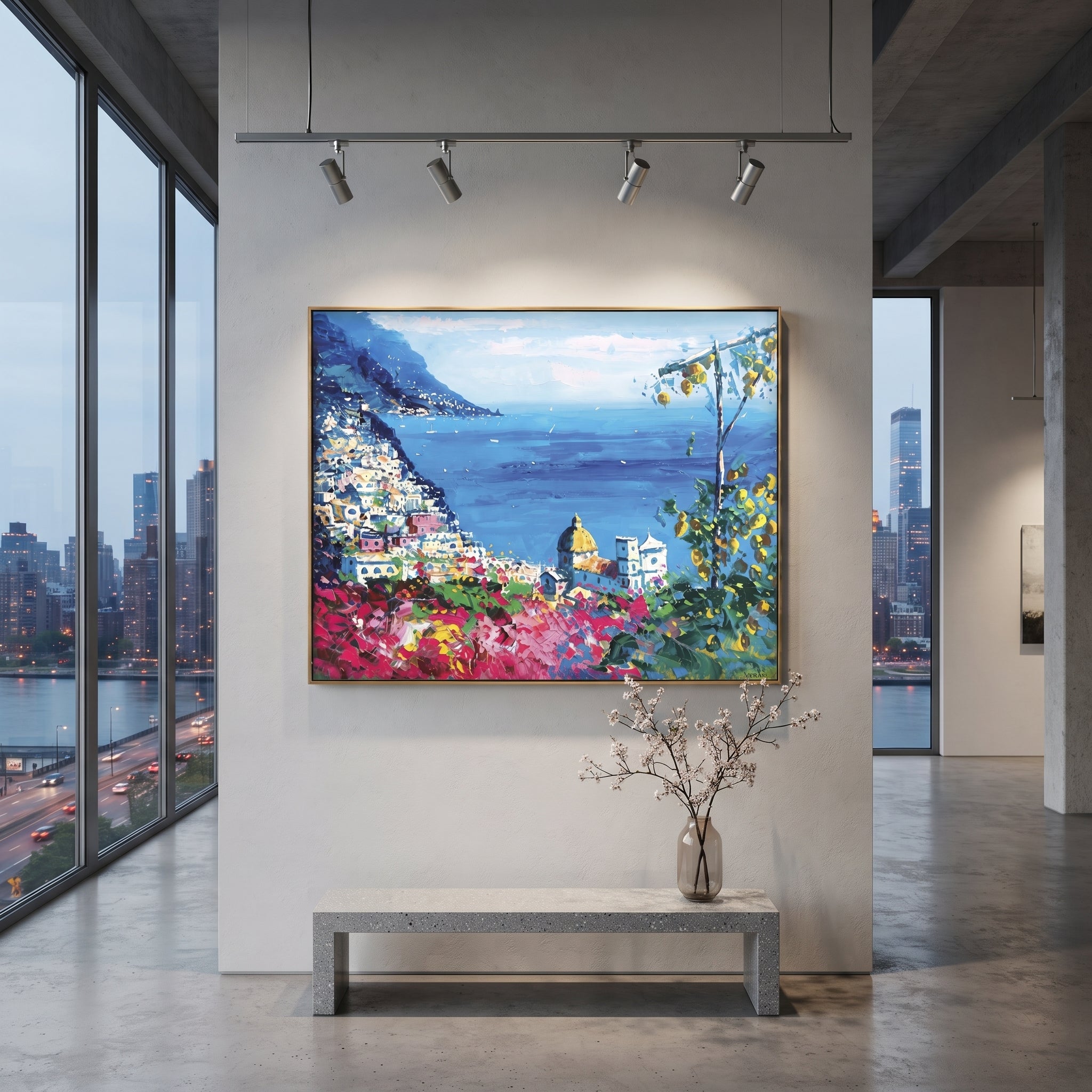 "Cliffside Coastal Vista Coastal with Sailboats Painting" focuses on atmosphere, surface movement, and sculptural heavy impasto craftsmanship rather than a fixed literal storyline. The composition uses this hand-painted Mediterranean canvas features steep coastal cliffs, hillside village, deep blue water, floral foreground, textured sky, built with raised palette-knife texture, layered brushwork, and luminous coastal color as the visual anchor, while layered palette-knife paint, raised