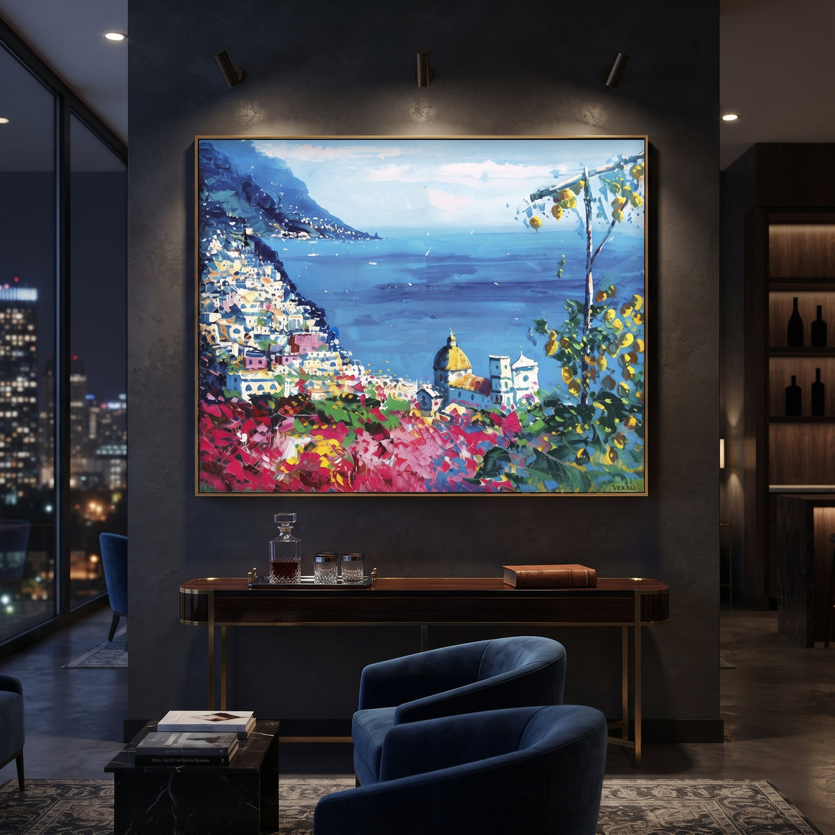 "Cliffside Coastal Vista Coastal with Sailboats Painting" focuses on atmosphere, surface movement, and sculptural heavy impasto craftsmanship rather than a fixed literal storyline. The composition uses this hand-painted Mediterranean canvas features steep coastal cliffs, hillside village, deep blue water, floral foreground, textured sky, built with raised palette-knife texture, layered brushwork, and luminous coastal color as the visual anchor, while layered palette-knife paint, raised
