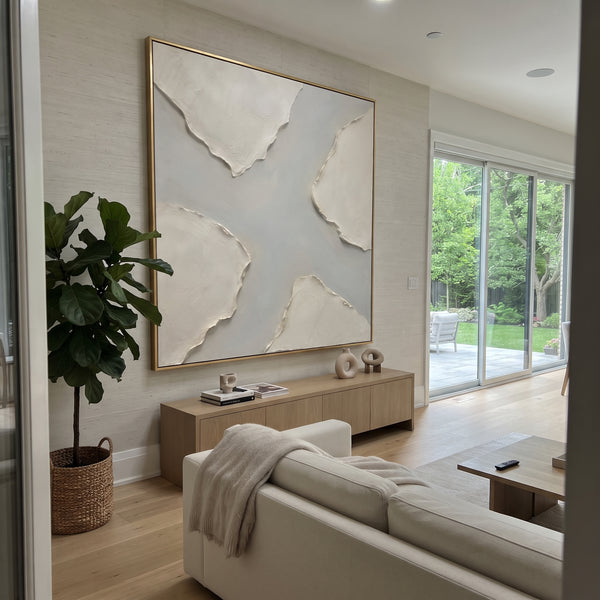 "Neutral Layered Plaster Relief" - Modern Heavy Impasto Abstract Artwork | Beige & White Palette Knife Painting | Luxury Square Wall Art #PT 1674