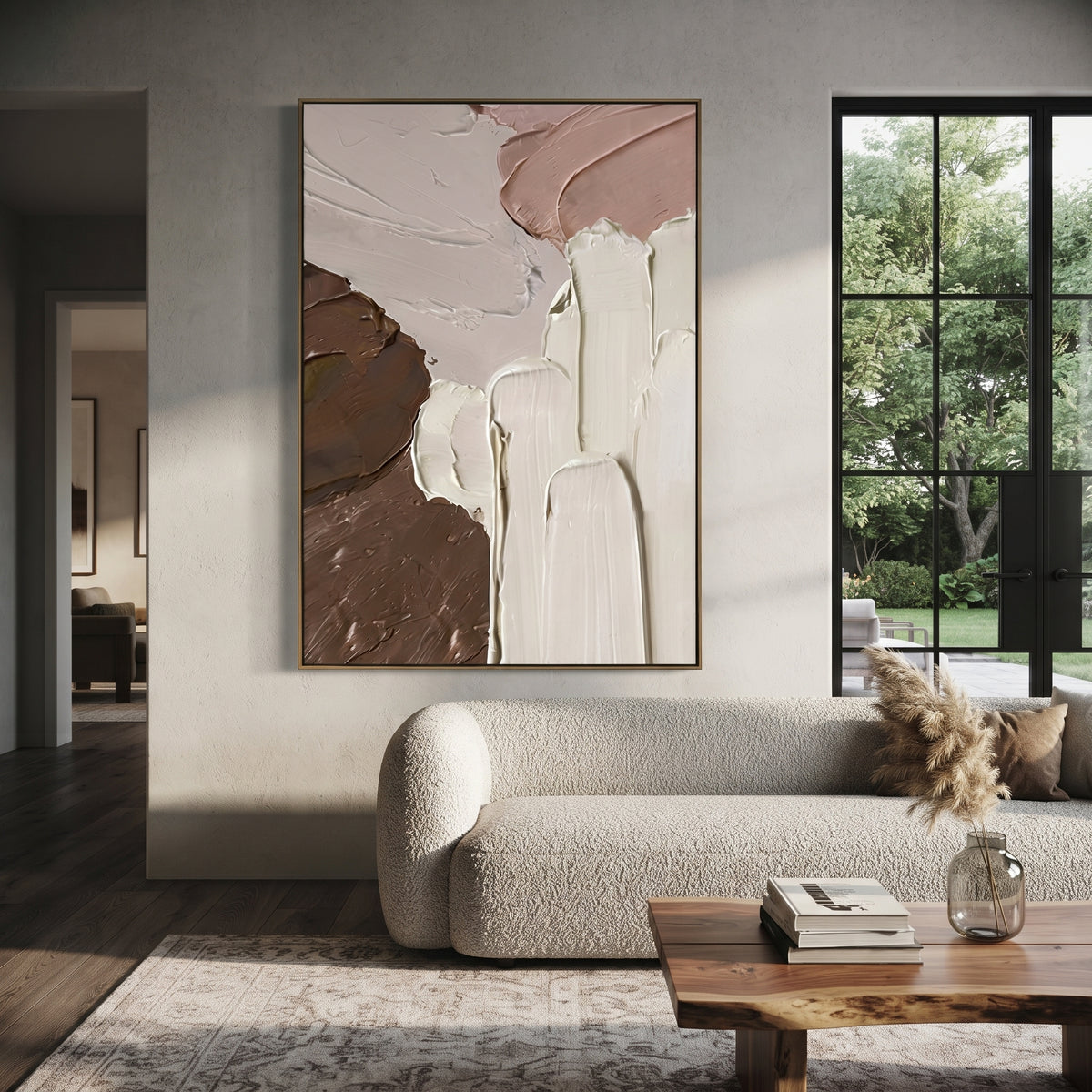 This warm brown impasto blocks painting is built around broad palette-knife passages in chocolate brown, ivory, and muted blush. Its raised plaster surface and vertical format create a calm modern abstract statement for bedrooms, entries, living rooms, and hospitality interiors.