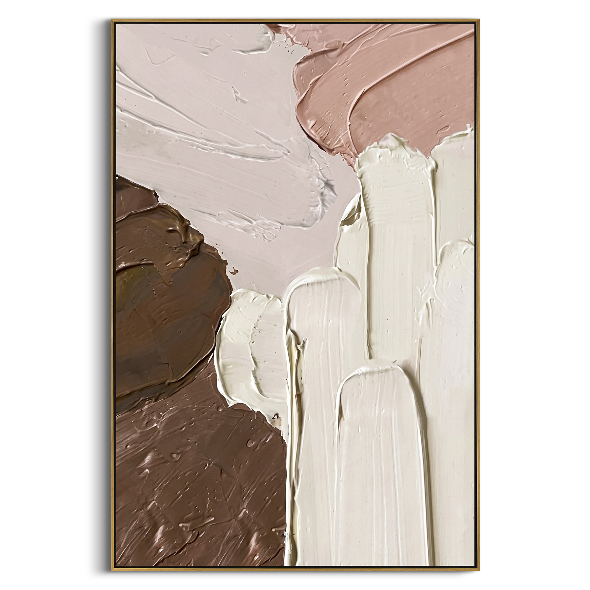This warm brown impasto blocks painting is built around broad palette-knife passages in chocolate brown, ivory, and muted blush. Its raised plaster surface and vertical format create a calm modern abstract statement for bedrooms, entries, living rooms, and hospitality interiors.