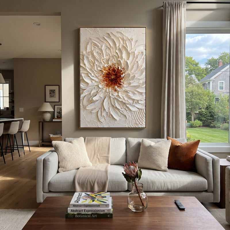 "White Chrysanthemum Relief" - Modern Heavy Impasto Floral Abstract | White & Orange Palette Knife Painting | Luxury Vertical Wall Art #PT 1676