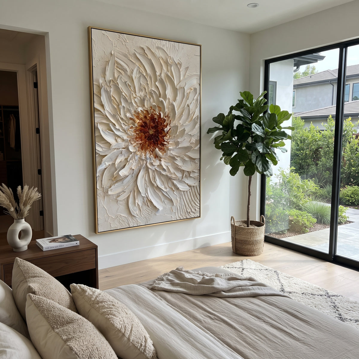 This white chrysanthemum relief painting centers on a sculptural blossom made from thick ivory palette-knife petals and a warm amber brown core. The raised floral texture gives the artwork real handmade depth while the soft neutral palette keeps it refined for contemporary rooms.