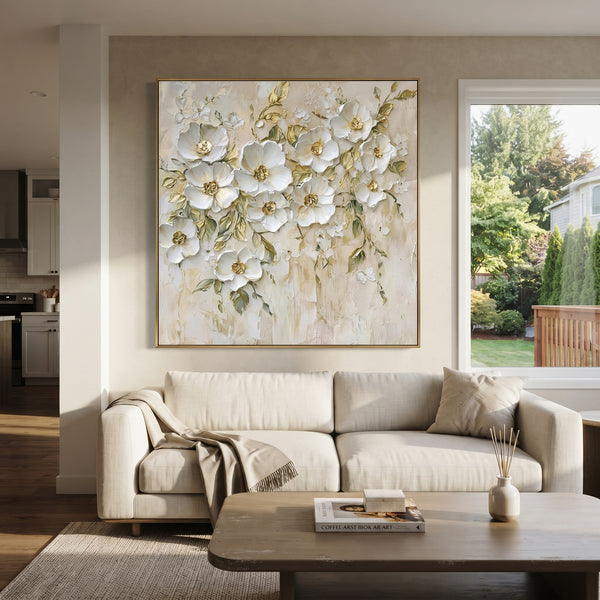 "White Botanical Blossom Relief" - Modern Heavy Impasto Floral Abstract | White & Green Palette Knife Painting | Luxury Square Wall Art #PT 1677