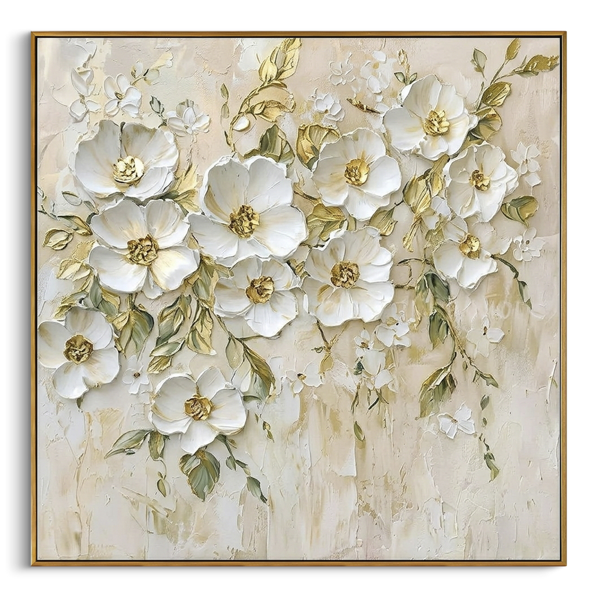 This white botanical blossom relief painting combines raised white flowers, fine green leaf stems, and muted gold centers over a lightly textured ivory ground. The square layout creates a graceful floral wall feature with soft handmade dimension.