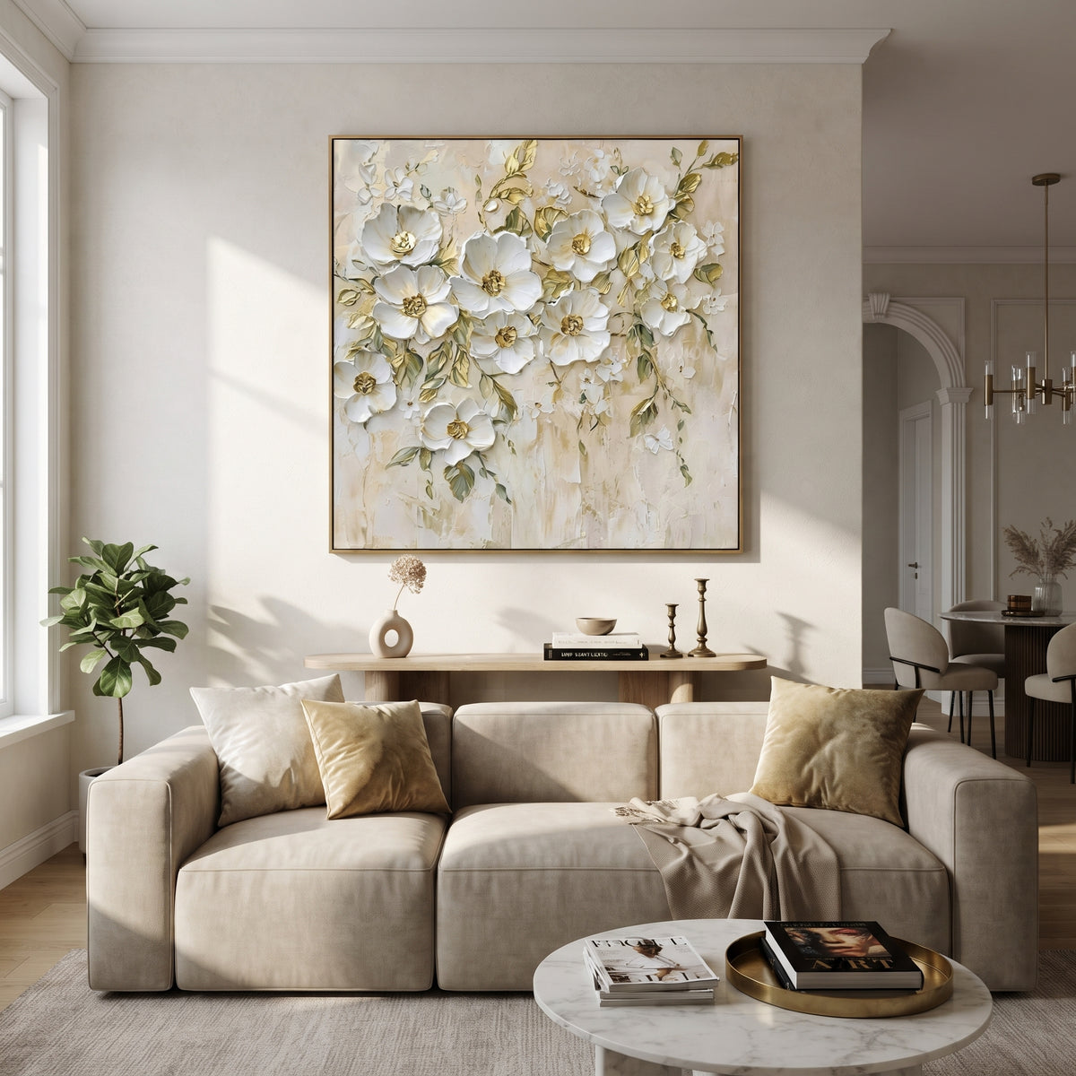 This white botanical blossom relief painting combines raised white flowers, fine green leaf stems, and muted gold centers over a lightly textured ivory ground. The square layout creates a graceful floral wall feature with soft handmade dimension.