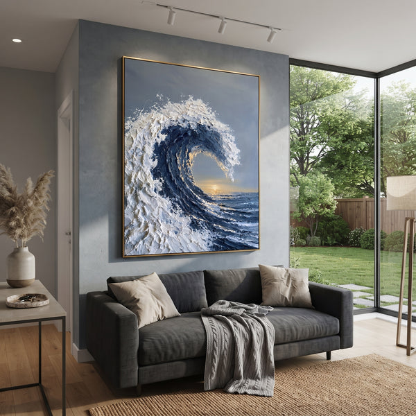 "Crashing Blue Wave Relief" - Modern Heavy Impasto Ocean Wave Seascape | Blue & White Palette Knife Painting | Luxury Vertical Wall Art #PT 1679