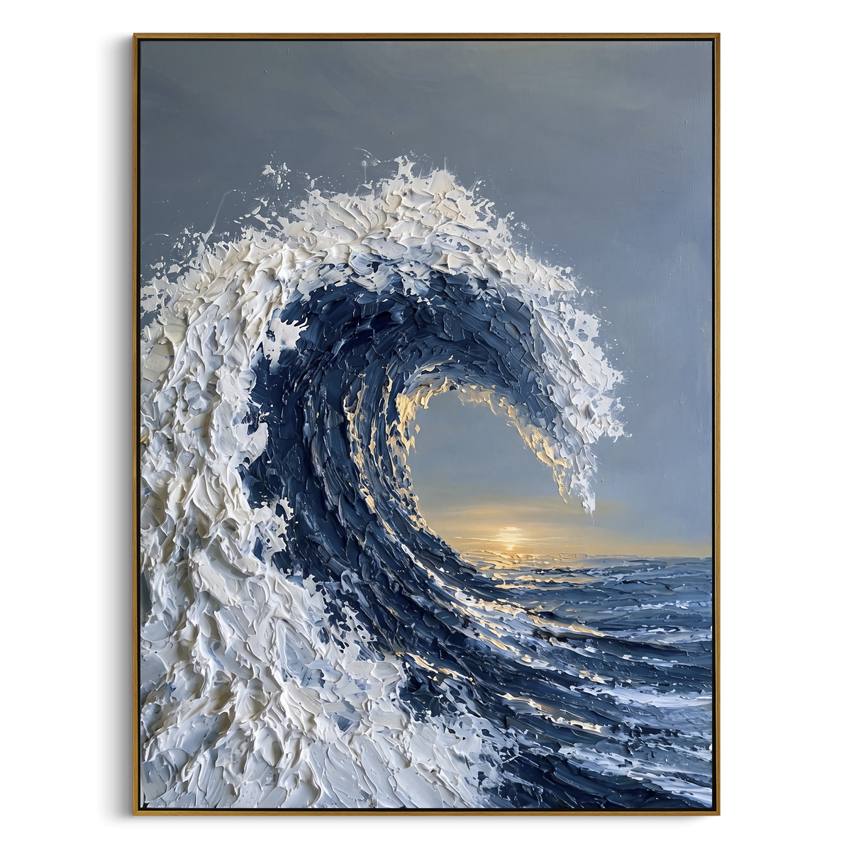 This crashing blue wave relief painting captures a curling ocean wave with heavy white foam, deep blue water, and warm light at the horizon. Thick palette-knife texture gives the seascape a sculptural handmade presence.