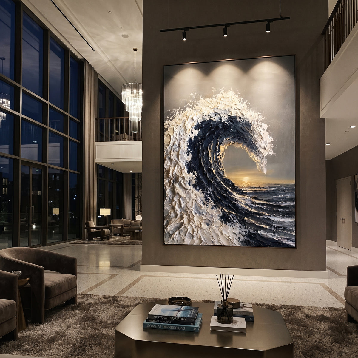 This crashing blue wave relief painting captures a curling ocean wave with heavy white foam, deep blue water, and warm light at the horizon. Thick palette-knife texture gives the seascape a sculptural handmade presence.