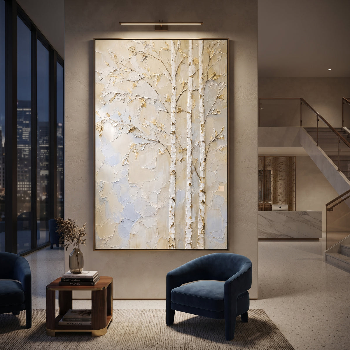 This birch tree plaster relief painting uses raised white trunks, slender branches, and muted gold leaves to create a quiet botanical scene. Its neutral beige and ivory surface gives the vertical canvas a soft natural presence for modern interiors.