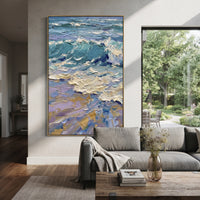 This blue green ocean wave impasto painting is shaped by rolling teal-blue water, thick white surf, lavender shadows, and sandy accents. The raised palette-knife surface gives the vertical seascape energetic coastal movement.