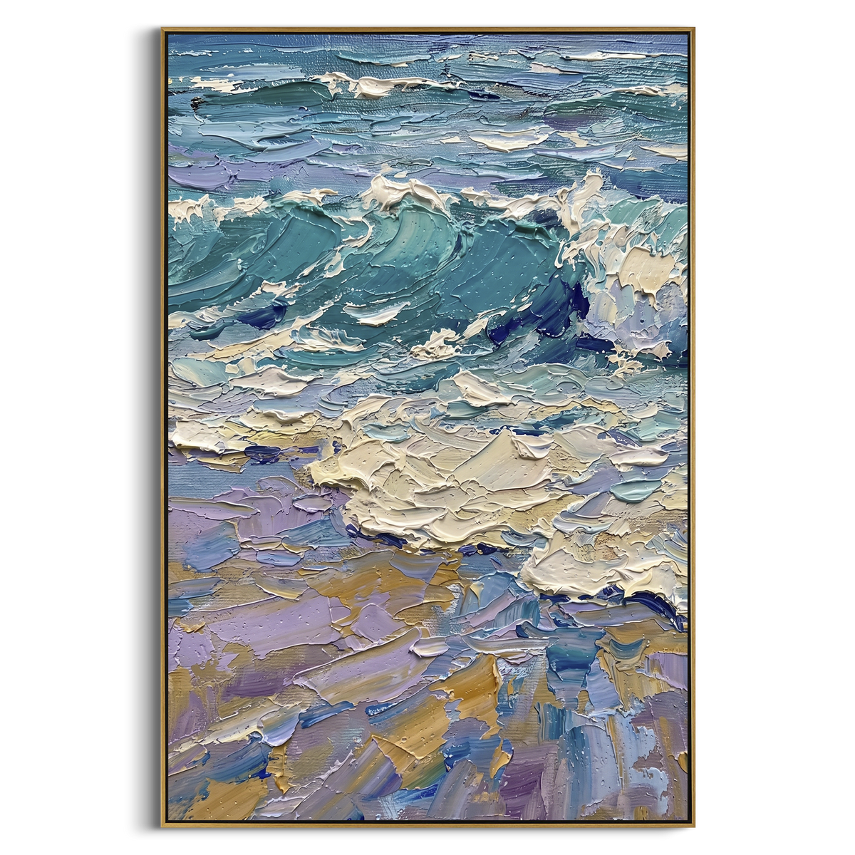 This blue green ocean wave impasto painting is shaped by rolling teal-blue water, thick white surf, lavender shadows, and sandy accents. The raised palette-knife surface gives the vertical seascape energetic coastal movement.